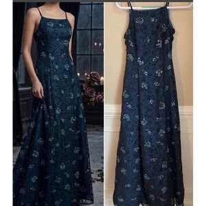 Vtg 90s Morgan & Co Sz 2/4 Velvet Burnout Midnight Blue Black Dress Whimsigoth